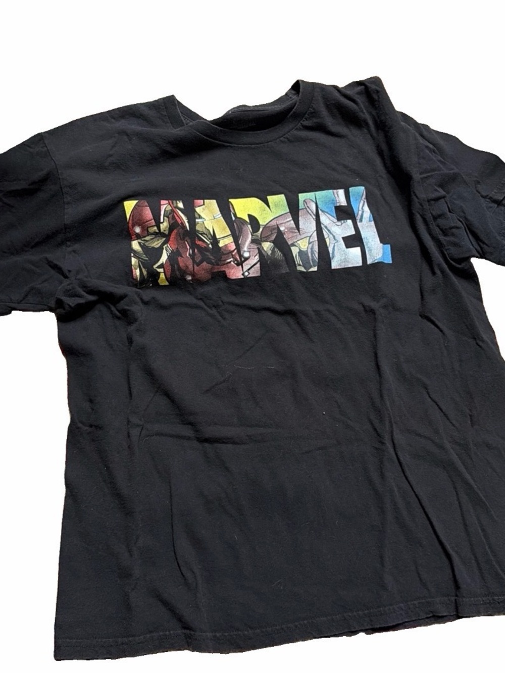 Marvel black tee t shirt unisex large vintage comic strip Avengers
